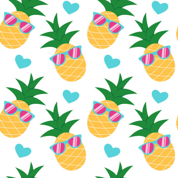 可爱的夏天菠萝戴着粉红色的太阳镜和蓝色的心。无缝模式。可以用来填充网页的背景、表面纹理吗图片下载