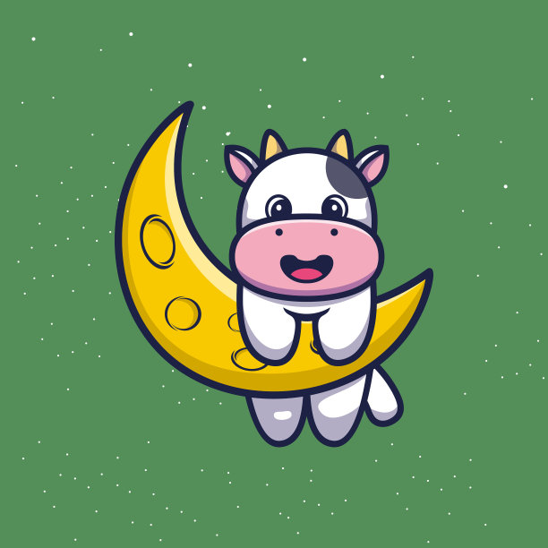 可爱的奶牛与镰刀月亮卡通矢量插图图片下载