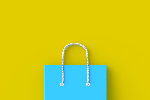 黄色背景的蓝色纸袋。副本的空间。前视图。三维渲染图片下载