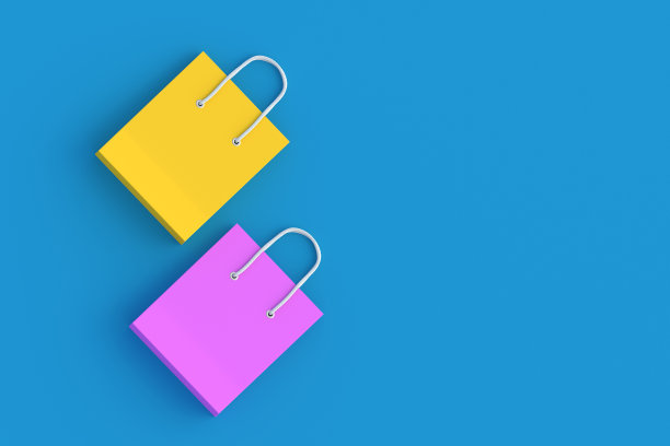 两个白纸购物袋。产品折扣。大的销售。前视图。副本的空间。三维渲染图片下载