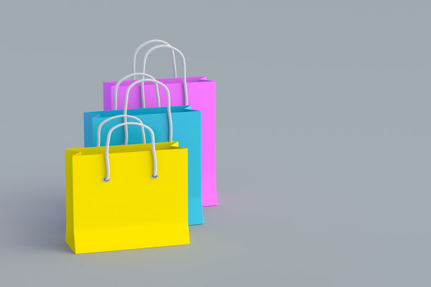 各种彩色纸袋。产品折扣。大的销售。副本的空间。三维渲染图片下载