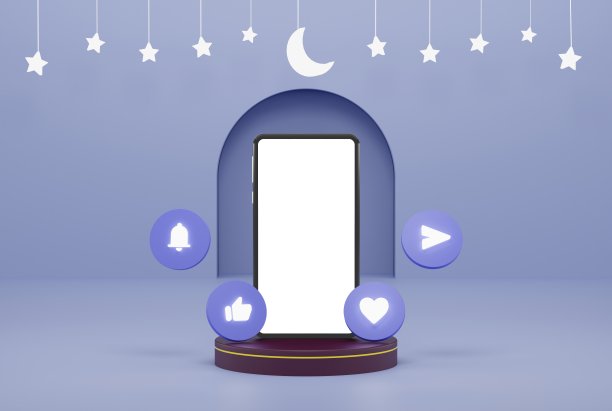 智能手机与社交网络图标3d在领奖台在蓝色装饰伊斯兰背景与星星和新月白彩色三维插图绘制传单设计，横幅，海报等图片下载