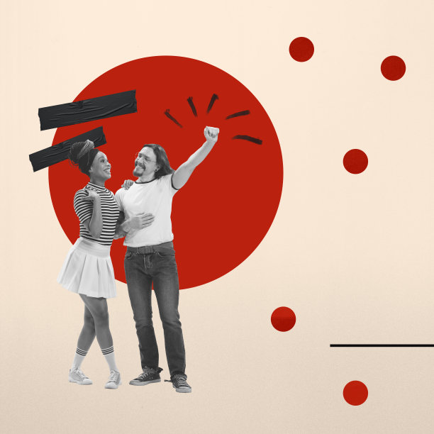 当代艺术拼贴。幸福的年轻男女站在一起。思想，想象，艺术，超现实主义。社会问题概念、宣传、心理健康图片下载