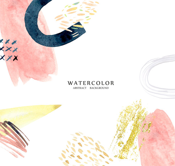 水彩抽象背景设计与油漆刷几何形状和黄金线艺术图片下载