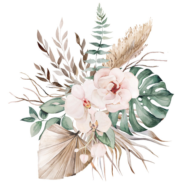 婚礼波西米亚水彩花束与米色和蓝绿色热带树叶和兰花花朵插图图片下载