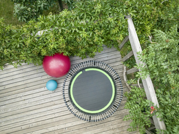 后院的迷你健身蹦床和健身球图片下载