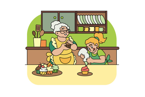 可爱的奶奶和小女孩在做饭图片下载