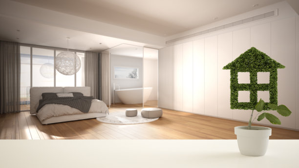 白色的桌面或架子，花盆状的绿色植物，以浴室为背景的现代模糊的卧室，室内设计，房地产，生态建筑的概念理念图片下载