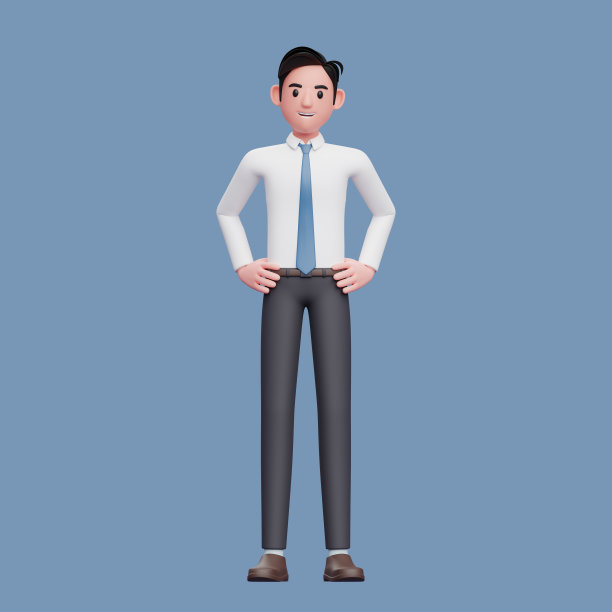 商人准备把手放在腰上，3d商人穿着长衬衫和蓝色背景上的蓝色领带图片下载