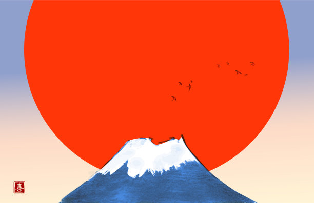 日出的天空大红色的太阳和蓝色的富士山图片下载