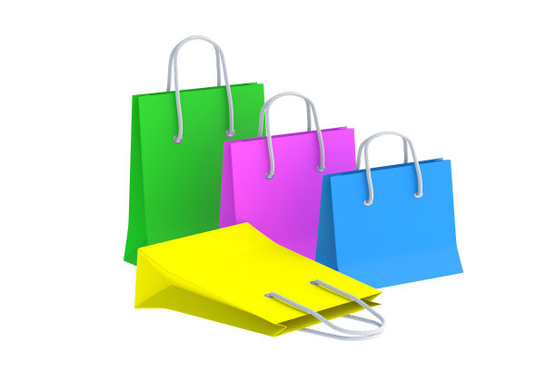 各种纸购物袋孤立在白色背景。三维渲染图片下载
