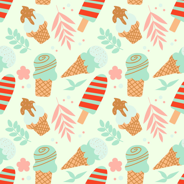夏季冰淇淋的无缝图案。幼稚的面料，包装纸，纺织品，壁纸和服装的背景。每股收益图片下载