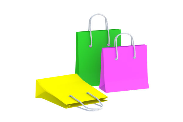白色背景上孤立的一组购物纸袋。产品折扣。大的销售。三维渲染图片下载