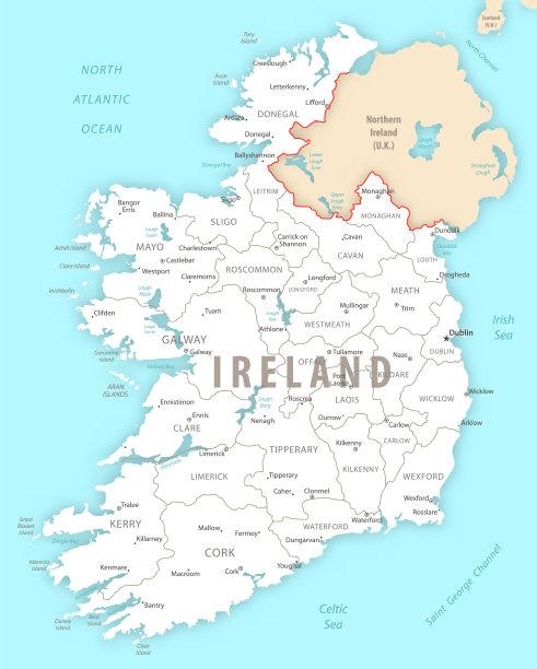 详细的爱尔兰地图，有地区和城市的国家。图片下载