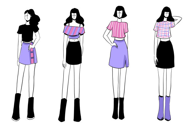一套草图的美丽和多样的女性时尚服装。图片下载