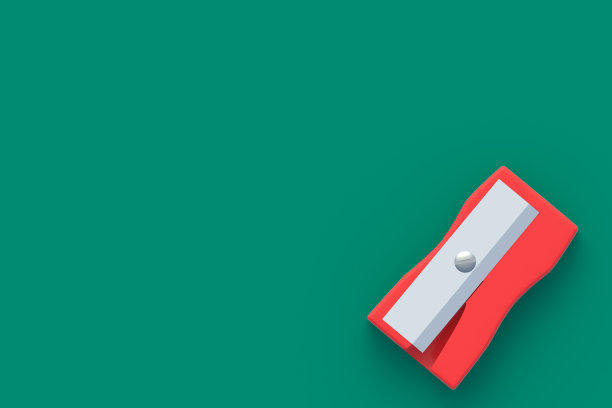 卷笔刀在角落上的绿色背景。文具配件。学校的工具。前视图。副本的空间。三维渲染图片下载