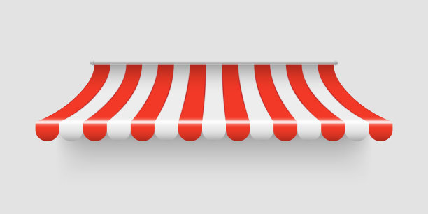 逼真的条纹商店遮阳篷。红白相间的市集雨伞。商店的前帐篷屋顶图片下载