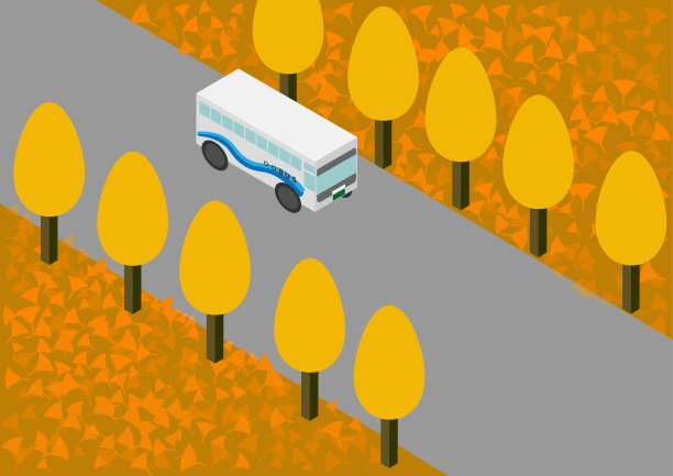 一辆观光巴士，穿过长有银杏树的等距公路图片下载