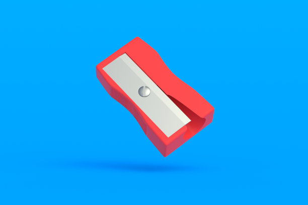 蓝色背景的飞行卷笔刀。文具配件。学校的工具。三维渲染图片下载