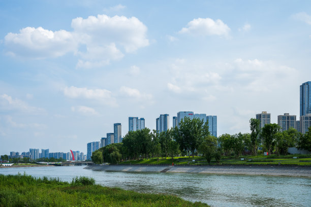 阳光明媚的河滨大桥和现代城市建筑图片下载