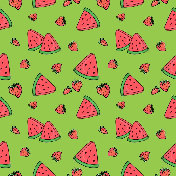 鲜艳的绿色印花，甜美的草莓和鲜红的西瓜片，甜美多汁的甜点，无缝图案图片下载