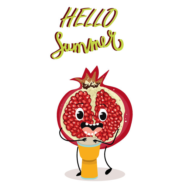 矢量插画人物，卡通半石榴打民族鼓，刻字hello summer。夏日时光，夏日氛围，水果，有机。图片下载