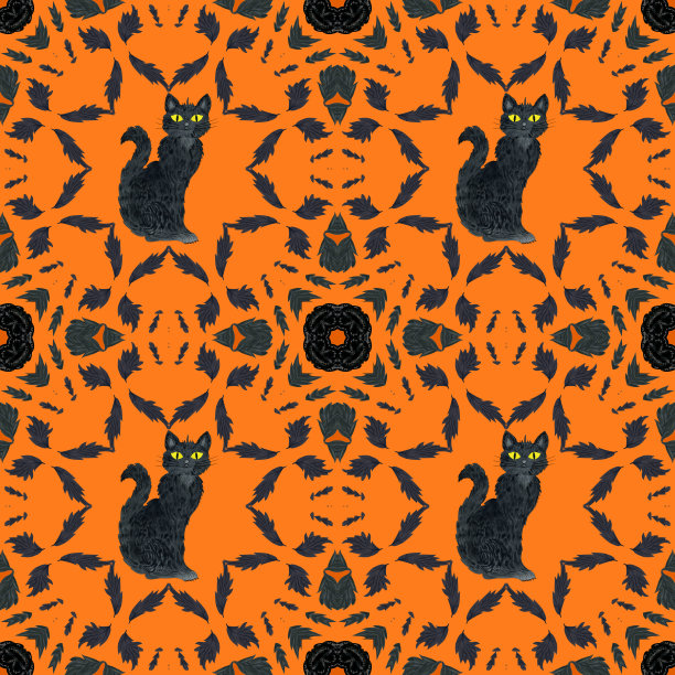 无缝万花筒万圣节黑猫图案图片下载