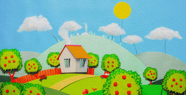 纸房子。舒适的房子在果园的背景下的城市的云和太阳图片下载