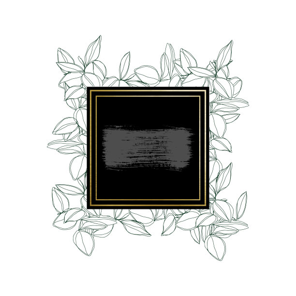 植物极简主义线条艺术叶矢量框架与黄金边界和纹理的笔触图片下载