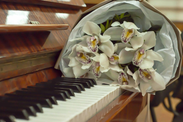 棕色钢琴的琴键斜放在画框中，背景中有一束兰花，选择性地聚焦在花朵上。图片下载