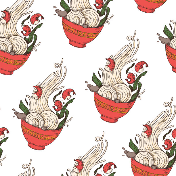 碗面无缝图案。碗拉面背景。亚洲食品。中国、韩国、日本料理。设计模板。手绘矢量插图。图片下载