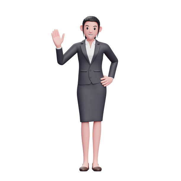 可爱的女人穿着商务西装说嗨，3d商务女性人物插图图片下载