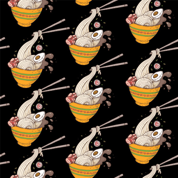 碗面和筷子。韩国拉面。无缝模式。亚洲食品。中国、韩国、日本料理。包装设计。手绘矢量插图图片下载