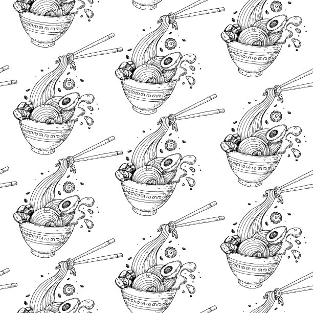 碗面和筷子素描。韩国拉面。无缝模式。亚洲食品。中国、韩国、日本料理。包装设计。手绘矢量插图图片下载