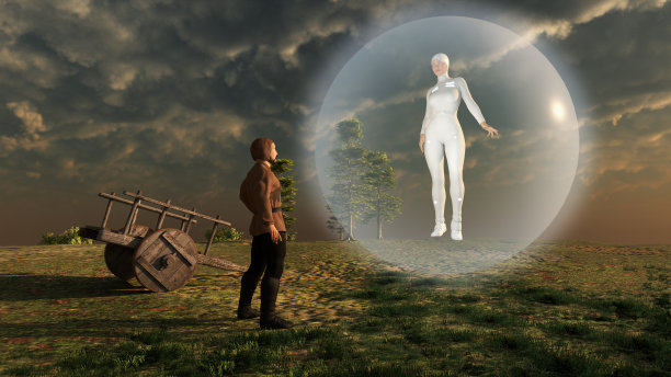 一个中世纪农民面前的时间旅行者图片下载