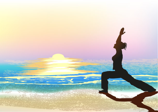 日出时在沙滩上做瑜伽的女人图片下载