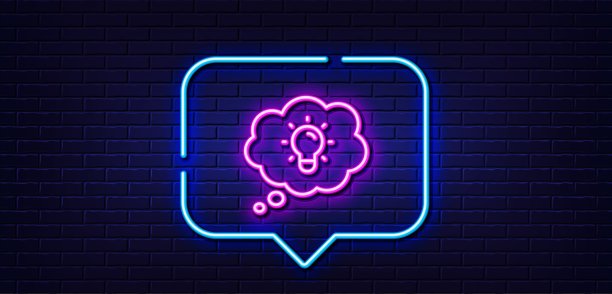 能量线图标。灯泡的迹象。电力。霓虹灯语音泡泡。向量图片下载