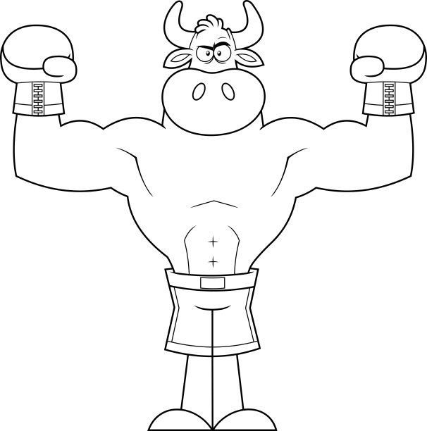 描绘了肌肉发达的斗牛拳击手戴着拳击手套的卡通形象图片下载