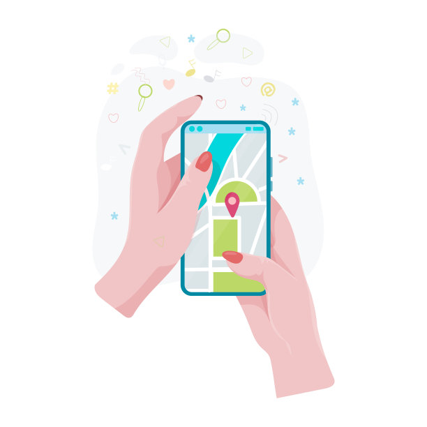 手拿着手机或平板电脑。带地图和记号笔的手机。移动gps导航和路径跟踪的概念。这个女人手里拿着一个电话。矢量插图。图片下载