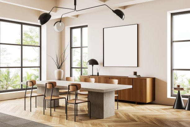 用桌椅、窗户和模型框架照亮客厅内部图片下载