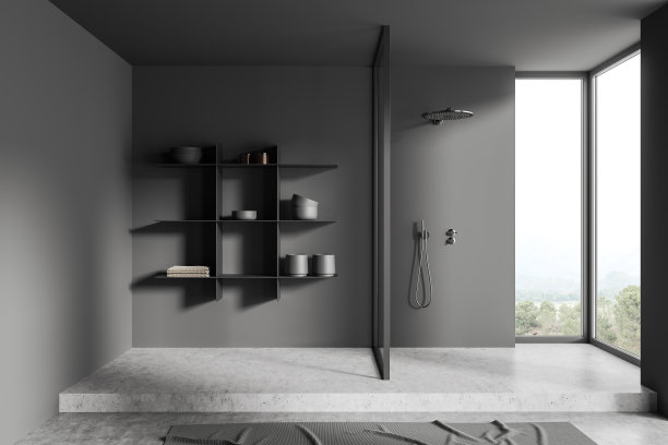 灰色浴室内部配有冲洗器和装饰，全景窗图片下载