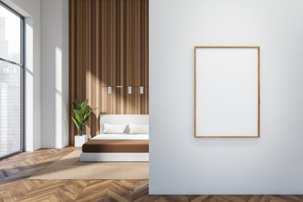 带有床和全景窗的现代卧室内部。模型框架图片下载