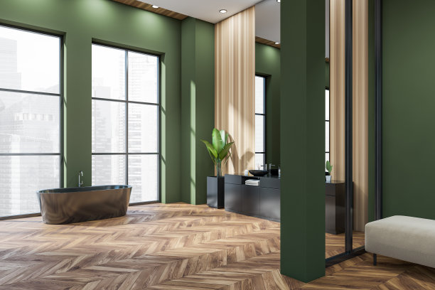 绿色浴室内部有双水槽和靠近全景窗的浴缸图片下载