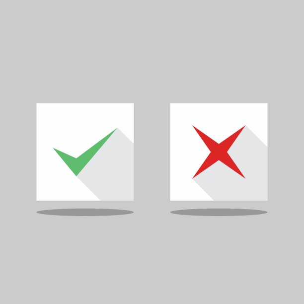 检查和错误标记，勾选和交叉标记，接受/拒绝，批准/不批准，是/否，对/错，绿色/红色，正确/错误，Ok/不Ok -矢量标记符号，绿色和红色。孤立的图标。图片下载