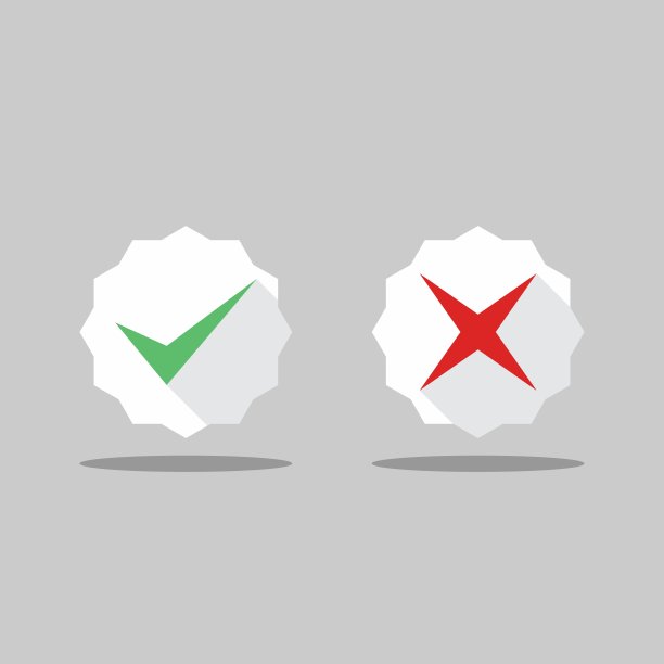 检查和错误标记，勾选和交叉标记，接受/拒绝，批准/不批准，是/否，对/错，绿色/红色，正确/错误，Ok/不Ok -矢量标记符号，绿色和红色。孤立的图标。图片下载