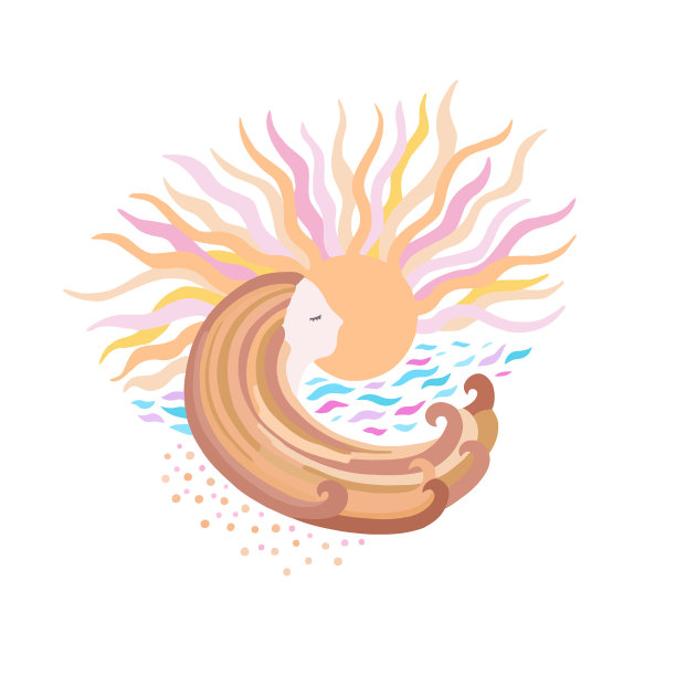 夏日假期的抽象场景，长发女子在阳光下，以五颜六色的光线为背景，海水和沙子。海滩上的日落，夏天的放松，矢量插图。图片下载