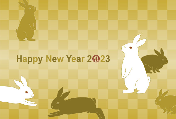 2023年的新年贺卡。兔年。矢量插图。兔子和日本传统图案。图片下载
