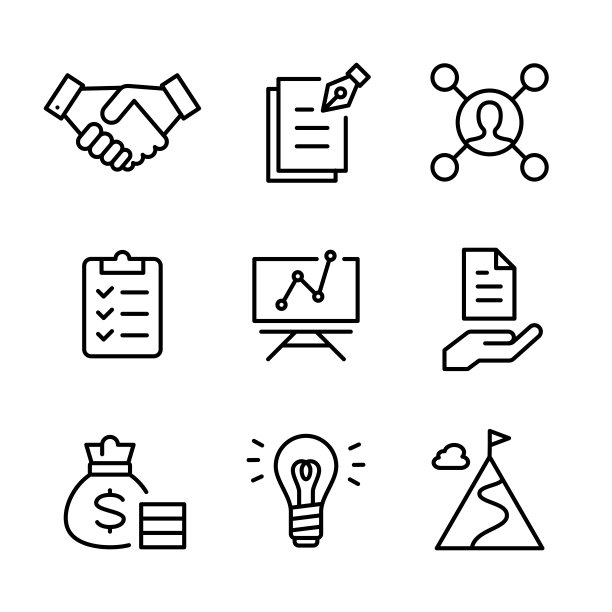 业务合同、业务会议、收入、增长、组织、目标、目标、目标等。各种图标集图片下载