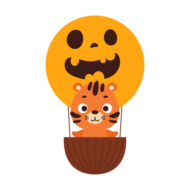 可爱的小老虎在万圣节热气球上飞翔。卡通动物形象的儿童t恤，幼儿园装饰，婴儿淋浴，贺卡，邀请。向量股票插图图片下载