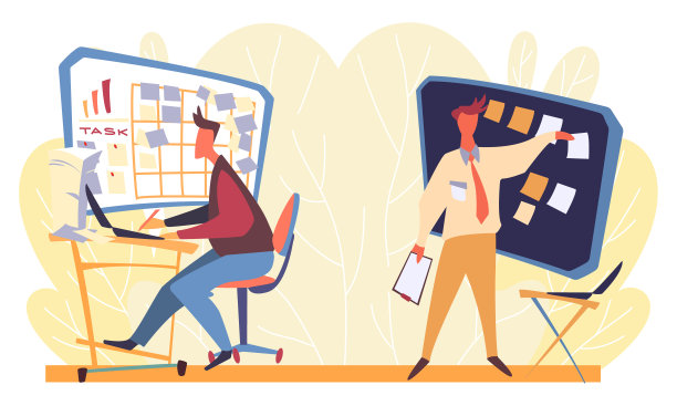 两个年轻人在商务办公室工作。以黄叶为背景的工作日插图图片下载